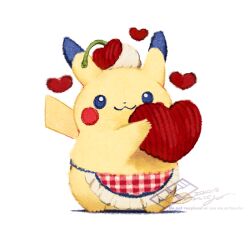 Rule 34 | :3, apron, bright pupils, cherry, closed mouth, creatures (company), dated, faux traditional media, food, food on head, fruit, full body, game freak, gen 1 pokemon, heart, holding, holding heart, looking at viewer, n:go, nintendo, no humans, object on head, pikachu, plaid, plaid apron, pokemon, pokemon (creature), signature, simple background, solo, standing, waist apron, white background, white pupils