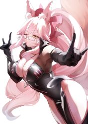 Rule 34 | 1girl, absurdres, animal ear fluff, animal ears, black bodysuit, blush, bodysuit, bow, breasts, center opening, choker, cleavage, fate/grand order, fate (series), fox ears, fox girl, fox shadow puppet, fox tail, glasses, hair between eyes, hair bow, highres, hip vent, koyanskaya (assassin) (first ascension) (fate), koyanskaya (fate), large breasts, long hair, looking at viewer, one eye closed, pink bow, pink hair, ponytail, puckered lips, sausu hitori, sidelocks, solo, tail, tamamo (fate), thighs, yellow eyes