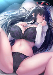 Rule 34 | 1girl, black bra, black hair, black panties, blue archive, blush, bra, breasts, cameltoe, cleft of venus, clothes lift, hair ornament, hairclip, highres, large breasts, long hair, long sleeves, looking at viewer, navel, panties, red eyes, rio (blue archive), saboten teishoku, solo, spread legs, sweater, thighs, underwear, white sweater