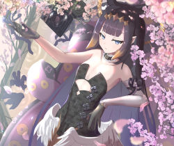 Rule 34 | 1girl, black dress, black gloves, blue eyes, blunt bangs, book, branch, cherry blossoms, choker, clover print, collarbone, cutout above navel, detached sleeves, dress, feathered wings, flat chest, fur trim, gloves, hair ornament, half gloves, halo, heart, heart print, highres, hololive, hololive english, light blush, long hair, looking at viewer, low wings, mole, mole under eye, multicolored hair, ninomae ina&#039;nis, ninomae ina&#039;nis (1st costume), petals, reaching, reaching towards viewer, single sleeve, spade (shape), strapless, strapless dress, tentacles, tipto-eb, tree, two-tone hair, virtual youtuber, wings, wormhole