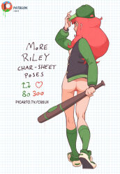 Rule 34 | 1girl, ass, baseball bat, baseball cap, bottomless, breasts, closed mouth, commentary, creux, english commentary, english text, from behind, full body, green eyes, green socks, hat, highres, holding, holding baseball bat, jacket, long hair, long sleeves, looking at viewer, medium breasts, naked jacket, nipples, no bra, open clothes, open jacket, original, patreon logo, patreon username, picarto username, pussy, red hair, riley (creux), simple background, smile, socks, solo, splatball (creux), standing, uncensored