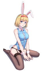 Rule 34 | 1girl, alice margatroid, animal ears, bare arms, bare shoulders, black panties, black thighhighs, blonde hair, blue eyes, breasts, buttons, du mogu, full body, garter straps, hairband, highres, looking at viewer, medium breasts, no pants, panties, rabbit ears, rabbit tail, red hairband, short hair, sitting, solo, tail, thighhighs, touhou, underwear, v arms, wariza, wing collar, wrist cuffs
