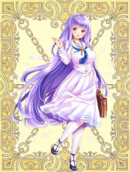 Rule 34 | 1girl, bag, blue necktie, braid, breasts, brown eyes, cross, cross necklace, full body, hand up, jewelry, kerberos blade, large breasts, long hair, long sleeves, looking at viewer, necklace, necktie, pantyhose, pengin guriko, pink shirt, purple hair, purple skirt, sailor collar, school bag, shirt, skirt, smile, solo, standing, very long hair, white pantyhose, white sailor collar, yellow background