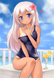 Rule 34 | 10s, 1girl, blue eyes, breasts, drink, flower, hair flower, hair ornament, kantai collection, long hair, medium breasts, nikoo, one-piece swimsuit, one-piece tan, ro-500 (kancolle), school swimsuit, solo, strap slip, swimsuit, tan, tanline