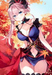 Rule 34 | 1girl, absurdres, blue eyes, blue kimono, blush, breasts, clothing cutout, detached sleeves, earrings, fate/grand order, fate (series), hair ornament, highres, japanese clothes, jewelry, kimono, large breasts, leaf print, looking at viewer, maple leaf print, misaki346, miyamoto musashi (fate), miyamoto musashi (third ascension) (fate), navel, navel cutout, oak leaf, obi, outdoors, pink hair, ponytail, sash, sleeveless, sleeveless kimono, smile, solo, thighhighs
