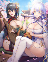 Rule 34 | 2girls, absurdres, ass, azur lane, bare shoulders, beluga dolphin, bird, black hair, blue eyes, blue sky, blunt bangs, blush, breasts, bridal gauntlets, cherry blossoms, china dress, chinese clothes, cleavage, cleavage cutout, clothing cutout, cloud, commentary, crossed bangs, cushion, cutout above navel, day, dress, duck, falling petals, feather boa, fishnet legwear, fishnets, folding fan, garter straps, hair between eyes, hair ornament, hair ribbon, hand fan, highres, holding, holding fan, holding instrument, huge filesize, illustrious (azur lane), illustrious (maiden lily&#039;s radiance) (azur lane), instrument, large breasts, long hair, looking at viewer, multiple girls, no mole, official alternate costume, one side up, open mouth, outdoors, pelvic curtain, petals, pipa (instrument), red dress, red eyes, ribbon, sidelocks, sitting, sky, smile, taihou (azur lane), taihou (phoenix&#039;s spring song) (azur lane), teeth, thighhighs, tree, tress ribbon, tri tails, very long hair, white dress, white hair, white legwear, wooden floor