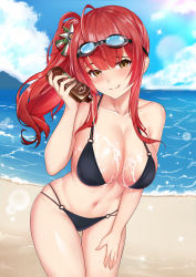 Rule 34 | 1girl, absurdres, azur lane, bare legs, bare shoulders, beach, bikini, black bikini, blue sky, blush, bottle, breasts, cleavage, closed mouth, cloud, collarbone, commentary, cowboy shot, day, eyelashes, goggles, goggles on head, hair between eyes, highres, holding, holding bottle, horizon, large breasts, leaning forward, long hair, looking at viewer, lotion, lotion bottle, multi-strapped bikini, navel, o-ring, o-ring bikini, o-ring bottom, o-ring top, ocean, outdoors, red hair, sand, side ponytail, sidelocks, skindentation, sky, smile, solo, standing, sunscreen, swimsuit, water, xiao dao jun, yellow eyes, zara (azur lane), zara (poolside coincidence) (azur lane)