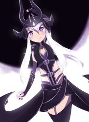 Rule 34 | 1girl, absurdres, bad anatomy, blush, clothing cutout, fingerless gloves, gloves, hand up, headpiece, highres, league of legends, long hair, looking at viewer, phibonnachee, poorly drawn, pouty lips, purple eyes, side cutout, solo, standing, syndra, white hair