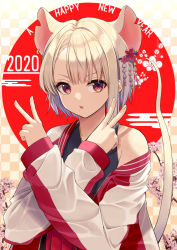 Rule 34 | 1girl, 2020, animal ears, bare shoulders, black kimono, branch, checkered background, cherry blossoms, chinese zodiac, commentary request, crossed arms, double v, ear piercing, egasumi, flower, hair ornament, hakama, hakama skirt, hands up, happy new year, jacket, japanese clothes, kimono, long sleeves, looking at viewer, migimaki (migi mawashi), mouse ears, mouse girl, mouse tail, nengajou, new year, off shoulder, open clothes, open jacket, original, parted lips, piercing, pink flower, red eyes, red hakama, short hair, skirt, sleeveless, sleeveless kimono, sleeves past wrists, solo, tail, upper body, v, v-shaped eyebrows, white hair, white jacket, year of the rat