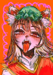 1girl animal_ear_fluff animal_ear_piercing animal_ears blush brown_hair cat_ears chen commentary_request earrings fangs gold_trim hat highres jewelry long_hair looking_at_viewer mob_cap nose omaega_chan open_mouth oral_invitation orange_background portrait red_eyes simple_background single_earring solo teeth tongue tongue_out touhou upper_body