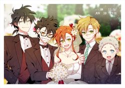 Rule 34 | 1girl, 4boys, black hair, black suit, blue eyes, bouquet, bow, bowtie, breasts, bridal veil, brown eyes, brown hair, cleavage, clenched teeth, collar, collarbone, dress, elbow gloves, eyebrows, facial scar, flower, flower on head, formal, glasses, gloves, green eyes, grey eyes, grey hair, hair between eyes, hair ornament, hair up, hand on another&#039;s shoulder, happy, harry potter (series), holding, holding bouquet, james potter, jewelry, lily evans, looking at viewer, multiple boys, necklace, necktie, nipye, open mouth, parted lips, peter pettigrew, ponytail, red hair, red vest, remus lupin, scar, scar on cheek, scar on face, scar on nose, shirt, short hair, sirius black, smile, spiked hair, striped necktie, striped neckwear, striped suit, suit, teeth, tooth, veil, vest, wedding, wedding dress, white dress, white flower, white gloves, white shirt, wing collar, wizarding world