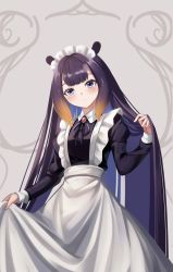 Rule 34 | 1girl, alternate costume, animal ears, apron, black hair, blue eyes, blunt bangs, blush, closed mouth, collared shirt, commentary, cowboy shot, english commentary, enmaided, flat chest, frilled apron, frills, gradient hair, hair flip, highres, hololive, hololive english, hoshino aoi (la huynh hai than), juliet sleeves, long skirt, long sleeves, looking at viewer, maid, maid apron, maid headdress, mole, mole under eye, multicolored hair, ninomae ina&#039;nis, orange hair, puffy sleeves, purple hair, shirt, sidelocks, skirt, skirt hold, smile, solo, star-shaped pupils, star (symbol), straight hair, symbol-shaped pupils, tentacle hair, virtual youtuber, waist apron, white apron, white shirt