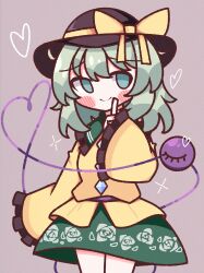 Rule 34 | 1girl, absurdres, black hat, blush, bow, buttons, diamond button, finger to mouth, floral print, frilled shirt collar, frilled sleeves, frills, green eyes, green hair, green skirt, hat, hat bow, heart, heart of string, highres, index finger raised, komeiji koishi, light green hair, long sleeves, medium hair, rose print, shirt, simple background, skirt, sleeves past fingers, sleeves past wrists, smile, solo, star (symbol), third eye, touhou, waroemon, yellow bow, yellow shirt