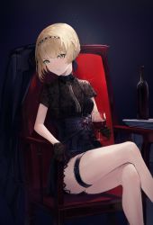 Rule 34 | 1girl, absurdres, alcohol, armchair, bare legs, black gloves, blonde hair, blunt bangs, blush, bottle, bra visible through clothes, braid, bridal garter, chair, closed mouth, commission, crossed legs, crown braid, cup, dress, drinking glass, feet out of frame, frown, girls&#039; frontline, gloves, green eyes, hair ribbon, highres, holding, huge filesize, jacket, unworn jacket, looking at viewer, o-ring, official alternate costume, pixiv commission, red wine, ribbon, shichi (ratorin53), short hair, short sleeves, sidelocks, sitting, solo, thigh strap, welrod mkii (girls&#039; frontline), wine, wine bottle, wine glass