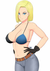 Rule 34 | 1girl, android 18, belt, bikini, bikini top only, blonde hair, blue eyes, denim, dragonball z, gloves, hands on own hips, highres, jeans, looking at viewer, pants, smile, solo, swimsuit, tsuki riven
