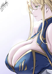 Rule 34 | 1girl, absurdres, artoria pendragon (fate), artoria pendragon (lancer) (fate), bare shoulders, blonde hair, blue leotard, breasts, cleavage, cleavage cutout, clothing cutout, fate/grand order, fate (series), gold trim, green eyes, highres, huge breasts, leotard, long hair, profile, shiki (love-saber), sidelocks, smile, solo