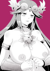 Rule 34 | 1girl, breasts, breasts out, highres, kid icarus, large breasts, long hair, monochrome, nintendo, nipples, orphen (pink seito), palutena, pink background, solo