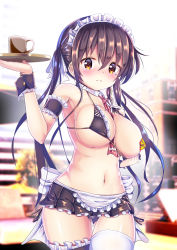 Rule 34 | 1girl, bikini, blurry, blush, breasts, brown eyes, brown hair, cameltoe, closed mouth, collar, crying, crying with eyes open, cup, depth of field, frown, hair between eyes, highres, large breasts, long hair, maid, maid bikini, maid headdress, micro bikini, mole, mole on breast, mole under eye, mug, navel, necktie, pasties, shirakawa kokona, solo, standing, swimsuit, tears, tray, twintails, unconventional maid, watashi no tame ni nuginasai!, yuutopia