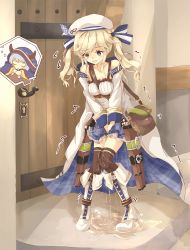 Rule 34 | 2girls, bag, bare shoulders, beret, between breasts, between legs, black legwear, blonde hair, blue eyes, blue ribbon, blue skirt, blush, blush stickers, boots, breasts, character request, closed eyes, closed mouth, coat, collarbone, cucouroux (granblue fantasy), door, embarrassed, female focus, flying sweatdrops, frilled skirt, frills, full body, granblue fantasy, gun, hair ribbon, hand between legs, hat, have to pee, heart, highres, holster, hood, horns, indoors, knee boots, knees together feet apart, long sleeves, looking down, medium breasts, miniskirt, minoco, multiple girls, nose blush, off shoulder, open mouth, own hands together, peeing, peeing self, pleated skirt, puddle, ribbon, shirt, skirt, sleeping, sleeveless, sleeveless shirt, smile, solo focus, standing, strap between breasts, sweatdrop, swept bangs, thighhighs, trembling, twintails, v arms, weapon, wet, wet clothes, white coat, white footwear, white headwear, white shirt, zettai ryouiki