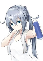 Rule 34 | 1girl, alternate hairstyle, arm up, armpits, blue eyes, bottle, commentary request, evening rabbit, giving, hair between eyes, hand to own mouth, head tilt, hibiki (kancolle), highres, holding, holding bottle, kantai collection, long hair, outstretched arm, ponytail, sidelocks, silver hair, simple background, solo, tank top, towel, towel around neck, upper body, water bottle, white background, wiping mouth