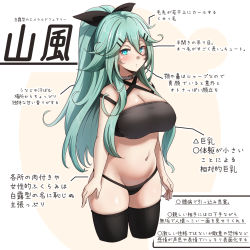 Rule 34 | 1girl, alternate breast size, black panties, black ribbon, black thighhighs, blue eyes, blush, breasts, character name, cleavage, closed mouth, collar, cropped legs, eyelashes, green hair, hair between eyes, hair ornament, hair ribbon, hairclip, highres, kantai collection, konoshige (ryuun), large breasts, long hair, navel, panties, ponytail, ribbon, simple background, solo, thighhighs, translation request, underwear, yamakaze (kancolle)