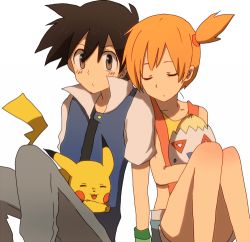 Rule 34 | 1boy, 1girl, ash ketchum, black hair, brown eyes, chiasa@twitter, chiasa (kirakirakira), child, closed eyes, creatures (company), denim, denim shorts, game freak, gen 1 pokemon, gen 2 pokemon, jacket, leaning, lowres, misty (pokemon), nintendo, no headwear, orange hair, pikachu, pokemon, pokemon (anime), pokemon (classic anime), pokemon (creature), short hair, shorts, side ponytail, simple background, sitting, sleeping, suspenders, togepi, white background