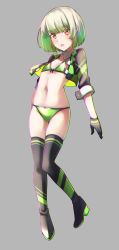 Rule 34 | 1girl, bikini, black footwear, black gloves, black jacket, blush, boots, chromatic aberration, collar, comah, cropped jacket, detached collar, full body, gloves, green bikini, green hair, grey background, grey hair, high heel boots, high heels, highres, jacket, long sleeves, looking at viewer, navel, open clothes, open jacket, open mouth, original, red eyes, simple background, solo, swimsuit, thigh boots, white collar, wing collar