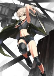 Rule 34 | 1girl, aiming, aiming at viewer, aircraft, armpits, bare shoulders, boots, braid, floating hair, gun, helicopter, knee pads, knife, kriss sison, kukri, looking at viewer, machete, midriff, navel, ponytail, serious, short shorts, shorts, solo, thighs, weapon