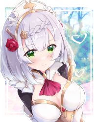 Rule 34 | 1girl, ascot, blurry, blurry background, blush, braid, breasts, closed mouth, commentary request, depth of field, flower, fuuna, genshin impact, green eyes, grey hair, hair flower, hair ornament, heart, highres, looking at viewer, medium breasts, noelle (genshin impact), red ascot, red flower, red rose, rose, smile, solo, upper body
