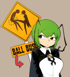 Rule 34 | 1girl, antennae, arms behind back, ball busting, bdsm, breasts, brooch, cape, cbt, crotch kick, flat color, green eyes, green hair, jewelry, matching hair/eyes, short hair, sign, simple background, solo, spacezin, sweatdrop, touhou, wriggle nightbug