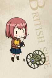 Rule 34 | 1girl, blue skirt, bob cut, brown jacket, commentary request, controller, fairy (kancolle), jacket, kantai collection, life vest, long sleeves, panjandrum, pleated skirt, red hair, remote control, short hair, skirt, smile, solid oval eyes, solo, tsukemon