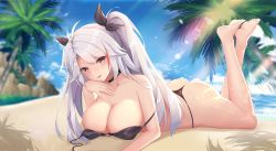 Rule 34 | 1girl, ass, azur lane, bare legs, bare shoulders, barefoot, beach, bikini, bird, black bikini, black choker, blue sky, blush, breasts, brown eyes, choker, cleavage, cloud, commentary request, crossed ankles, crossed legs, day, feet, feet up, hair between eyes, hair ornament, head rest, highres, jungle, large breasts, long hair, looking at viewer, lying, multicolored hair, nature, ocean, on stomach, open mouth, outdoors, palm tree, prinz eugen (azur lane), prinz eugen (unfading smile) (azur lane), revision, san zhi chun, sand, seagull, shadow, silver hair, sky, smile, soles, solo, swimsuit, the pose, thong, thong bikini, toes, tree, tropical, two side up, water