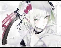 Rule 34 | 1girl, absurdres, black shirt, blonde hair, bridge, commentary request, expressionless, flower, green eyes, hair flower, hair ornament, highres, looking at viewer, mizuhashi parsee, muted color, omen (omenillust), parted lips, pointy ears, portrait, scarf, shirt, short hair, solo, touhou, white flower, white scarf