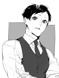 Rule 34 | 1boy, collared shirt, expressionless, greyscale, jitsui (joker game), joker game, long sleeves, looking at viewer, male focus, monochrome, necktie, parted lips, shi646, shirt, short hair, sketch, solo, unfinished, upper body, vest, waistcoat