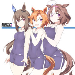 Rule 34 | 3girls, :3, admire vega (umamusume), ahoge, animal ears, arms at sides, blue one-piece swimsuit, blush, bow, breasts, brown hair, character name, copyright name, ear covers, ear piercing, ear ribbon, hair between eyes, hairband, hands on another&#039;s shoulders, horse ears, horse girl, horse tail, large breasts, long hair, medium breasts, meisho doto (umamusume), multicolored hair, multiple girls, one-piece swimsuit, open mouth, orange hair, parted lips, piercing, pink eyes, pink hairband, ponytail, red eyes, ribbon, shigino sohuzi, short hair, sidelocks, simple background, single ear cover, small breasts, smile, split mouth, streaked hair, sweat, swimsuit, t.m. opera o (umamusume), tail, thighs, umamusume, white background, white hair