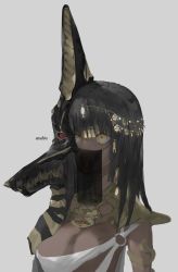 Rule 34 | 1girl, animal ears, anubis (mythology), bangosu, black hair, breasts, cleavage, commentary request, covered mouth, dark-skinned female, dark skin, egyptian, egyptian clothes, fake animal ears, grey background, highres, jackal ears, jewelry, large breasts, long hair, mouth veil, original, red eyes, see-through, sharp teeth, signature, simple background, solo, teeth, upper body, veil, very dark skin, yellow eyes