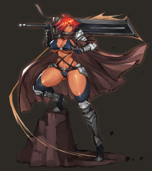 Rule 34 | 1girl, armor, armored boots, bikini, bikini armor, black bikini, black thighhighs, boots, breasts, brown cape, buster sword, cape, cleavage, dark-skinned female, dark skin, fantasy, faulds, full body, gauntlets, greaves, grey background, gurimjang, hair over one eye, high heel boots, high heels, highres, holding, holding sword, holding weapon, huge breasts, huge weapon, leg up, navel, orange eyes, original, red-haired warrior (gurimjang), red hair, red lips, revealing clothes, rock, solo, swimsuit, sword, thick thighs, thighhighs, thighs, underboob, weapon, wide hips