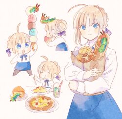 Rule 34 | 1girl, ahoge, arm up, artoria pendragon (all), artoria pendragon (fate), back, baguette, black pantyhose, blonde hair, blue bow, blue bowtie, blue skirt, blush, bow, bowtie, bread, bun (food), cake, cake slice, caterpillar, chibi, closed eyes, closed mouth, collared shirt, cup, drink, drinking glass, drinking straw, eating, fate/stay night, fate (series), food, full body, hair between eyes, hair bow, hair bun, holding, holding food, holding ice cream, holding spoon, ice cream, ice cream cone, long sleeves, looking at viewer, looking up, machi (uqyjee), omelet, omurice, open mouth, package, pantyhose, pizza, plate, puffy long sleeves, puffy sleeves, purple bow, saber (fate), shirt, short hair, sidelocks, simple background, sitting, skirt, smile, spoon, standing, sweatdrop, table, the very hungry caterpillar, upper body, white background, white shirt