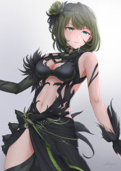 Rule 34 | 1girl, asymmetrical gloves, bare shoulders, black dress, black gloves, black thighhighs, blue eyes, blush, breasts, cleavage, commentary request, cowboy shot, dress, elbow gloves, flower, gloves, green eyes, green hair, hair flower, hair ornament, heterochromia, highres, idolmaster, idolmaster cinderella girls, idolmaster cinderella girls starlight stage, looking to the side, medium breasts, midriff, mole, mole under eye, navel, parted lips, short hair, shougun (chuckni1), sidelocks, signature, simple background, single elbow glove, smile, solo, standing, takagaki kaede, thighhighs, uneven gloves, white background