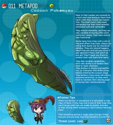 Rule 34 | 1boy, 1girl, absurdly long hair, arthropod girl, artist name, brown eyes, character profile, commentary, creatures (company), english commentary, english text, game freak, gen 1 pokemon, green hair, green skirt, hat feather, highres, kinkymation, long hair, metapod, nintendo, personification, poke ball, pokemon, profile, purple hair, skirt, very long hair