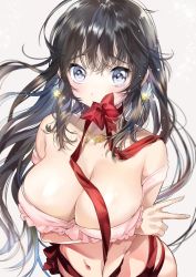 Rule 34 | 1girl, black hair, blue eyes, blush, breast lift, breasts, cleavage, earrings, jewelry, kanojo (ogino atsuki), kanojo (yan&#039;yo), large breasts, long hair, looking at viewer, mouth hold, navel, necklace, original, ribbon, simple background, solo, sweatdrop, v, white background, yanyo (ogino atsuki)
