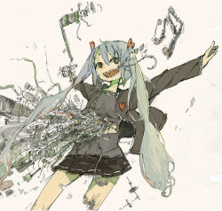 Rule 34 | 1girl, :d, android, aqua hair, cable, damaged, fangs, hatsune miku, heart, jacket, long hair, machine, mechanical parts, miniskirt, mizu denpa, musical note, open mouth, outstretched arms, sharp teeth, skirt, smile, solo, spread arms, teeth, torn clothes, twintails, vocaloid