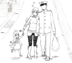 Rule 34 | 1boy, 2girls, abyssal ship, admiral (kancolle), arm hug, bag, enemy lifebuoy (kancolle), faceless, faceless male, family, father and daughter, if they mated, kantai collection, kujira naoto, leggings, military uniform, mother and daughter, multiple girls, naval uniform, ooi (kancolle), plastic bag, road, street, sweater, uniform