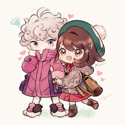 Rule 34 | 1boy, 1girl, :d, ahoge, backpack, bag, bede (pokemon), blush, boots, brown bag, brown eyes, brown footwear, brown hair, buttons, cable knit, cardigan, chibi, closed mouth, coat, collared dress, commentary request, creatures (company), curly hair, dress, eyelashes, game freak, gloria (pokemon), green headwear, green legwear, grey cardigan, grey eyes, grey hair, hand up, hat, heart, hooded cardigan, leggings, long sleeves, nintendo, open mouth, plaid, plaid legwear, pokemon, pokemon swsh, purple coat, shoes, short hair, smile, socks, squiggle, tam o&#039; shanter, white legwear, zzzpani