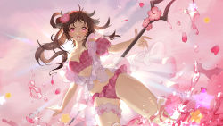 Rule 34 | 1girl, absurdres, animal ears, arknights, bahao diqiu, bikini, blush, breasts, brown hair, cowboy shot, dutch angle, eyjafjalla (arknights), eyjafjalla (summer flower) (arknights), flower, hair flower, hair ornament, highres, holding, holding staff, horns, large breasts, long hair, off-shoulder bikini, off shoulder, official alternate costume, open mouth, pink bikini, pink eyes, pink flower, pink theme, sheep ears, sheep girl, sheep horns, shirt, solo, staff, star (symbol), swimsuit, swimsuit cover-up, thigh strap, thighs, water drop, wet, white shirt