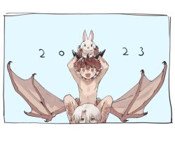 Rule 34 | 2023, 2boys, animal, animal on head, black horns, blue background, brown hair, brown scales, brown wings, carrying, child, chinese zodiac, claws, dated, dragon boy, dragon horns, dragon wings, fang, feet out of frame, hands up, holding, holding animal, horns, low wings, male focus, monster boy, mullmull02, multiple boys, multiple horns, new year, on head, open mouth, original, pointy ears, rabbit, scales, short hair, shoulder carry, simple background, sitting, taras-kun (mullmull02), white hair, wings, year of the rabbit