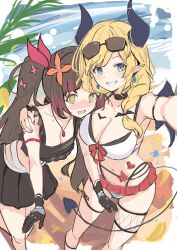 Rule 34 | 2girls, @ @, absurdres, anbasa (amaneyuz13), beach, black choker, black gloves, blonde hair, blush, breast tattoo, breasts, brown hair, choker, cleavage, glasses on head, gloves, hand on another&#039;s shoulder, heart, heart tattoo, highres, hololive, horns, hug, jewelry, large breasts, multiple girls, necklace, open mouth, smile, swimsuit, tail, tattoo, unfinished, virtual youtuber, winged heart tattoo, yuzuki choco