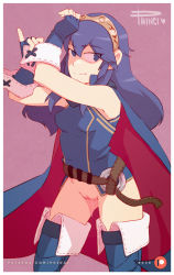 Rule 34 | 1girl, adjusting clothes, adjusting gloves, artist name, blue eyes, blue gloves, blue hair, boots, cape, cleft of venus, eyes visible through hair, fingerless gloves, fire emblem, fire emblem awakening, gloves, gluteal fold, long hair, looking at viewer, lucina (fire emblem), nintendo, no panties, no pants, phinci, pink background, pussy, pussy juice, pussy juice trail, sleeveless, smile, solo, thigh boots, thighhighs, tiara, uncensored