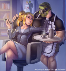 Rule 34 | 1boy, 1girl, alternate costume, apron, arm up, armor, bare arms, blonde hair, blue eyes, bride, business suit, buttons, cellphone, chair, coffee pot, commentary, commission, contemporary, couple, crossed legs, crossover, cup, day, doom (series), doomguy, drink, english commentary, enmaided, fingernails, formal, groom, hand on another&#039;s cheek, hand on another&#039;s face, hand up, helm, helmet, hetero, high ponytail, highres, holding, holding phone, holding tray, indoors, jacket, leg hair, lips, long hair, long sleeves, looking at another, maid, metroid, metroid (creature), mole, mole under mouth, muscular, nintendo, office chair, parsujera, pencil skirt, phone, photo (object), samus aran, shirt, short sleeves, sidelocks, sitting, skirt, skirt suit, smartphone, smile, standing, suit, suit jacket, swivel chair, tray, twitter username, watermark, wedding photo
