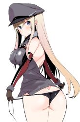 Rule 34 | 1girl, ass, bare shoulders, bikini, bismarck (kancolle), black bikini, blonde hair, blue eyes, blush, breasts, caburi, commentary, cowboy shot, detached sleeves, from behind, hat, highres, kantai collection, large breasts, long hair, looking at viewer, looking back, peaked cap, simple background, solo, swimsuit, symbol-only commentary, white background